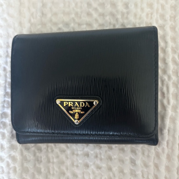 Prada Black Textured Leather Tri Fold Wallet - Picture 1 of 9